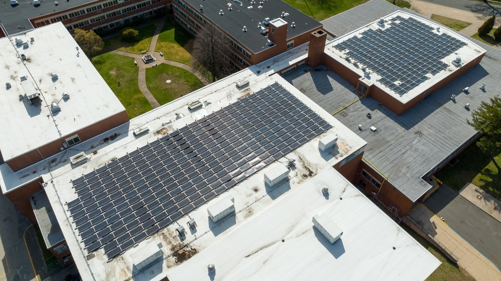 overhead view of school roofing project